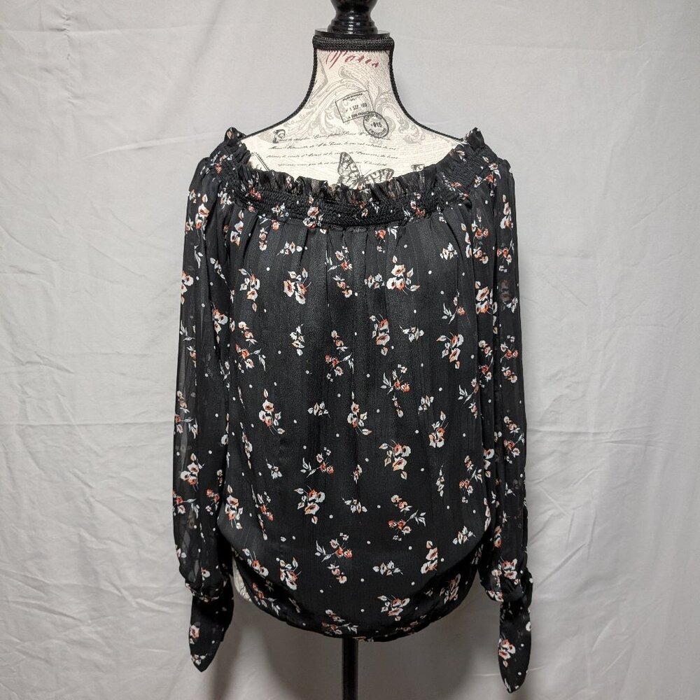 WAYF Black Floral Off-Shoulder Sheer‎ Peasant Floral Blouse Women's Medium
